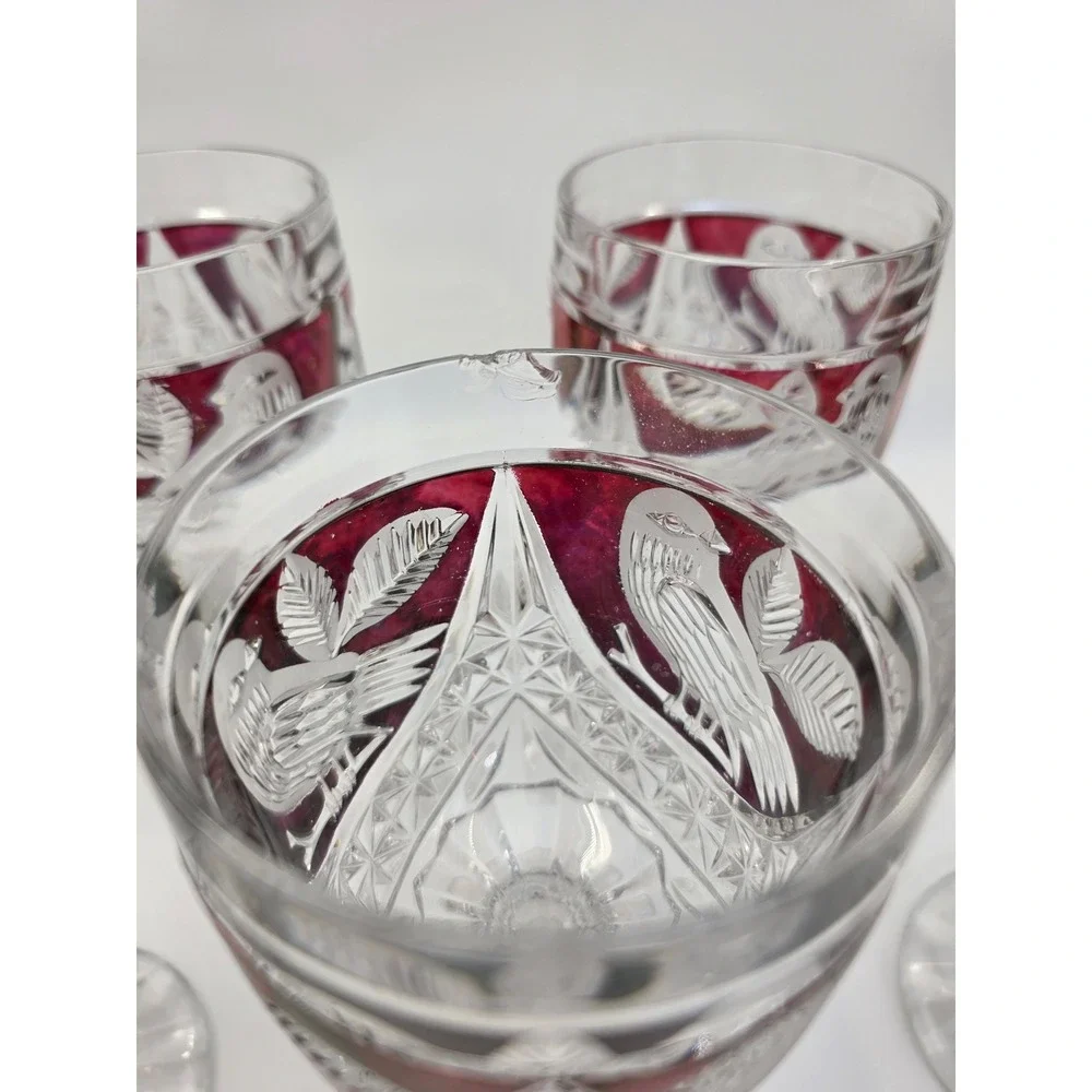 Vintage Bohemian Ruby Red Cut to Clear Crystal Wine Goblets Etched Bird Set of 6